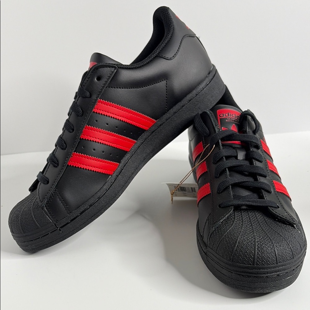 adidas Men’s Black Superstar Sneakers with Red Three-Stripes GZ3739